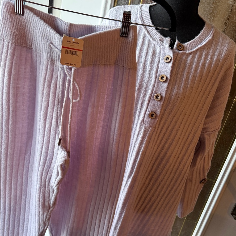 Free People Pale Lavender Ribbed Henley Lounge Set AROUND THE CLOCK SET SZ SMALL